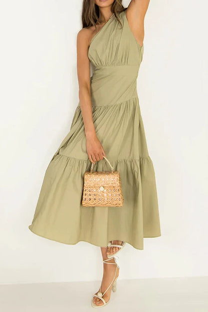 Simple A-Line One-Shoulder Sleeveless Ruched Back Midi Length Prom Dresses