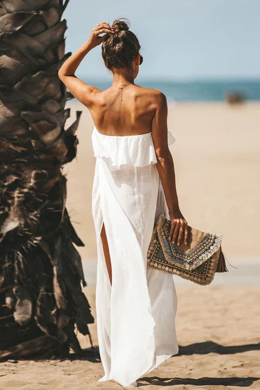 Simple Chiffon A-Line High Slit Strapless Sleeveless Open Back Maxi Prom Dresses