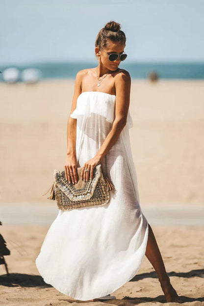 Simple Chiffon A-Line High Slit Strapless Sleeveless Open Back Maxi Prom Dresses