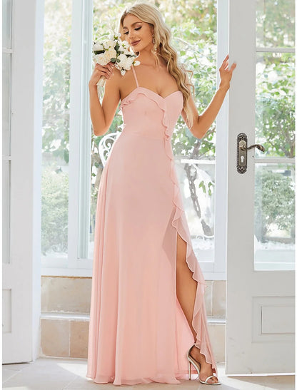 Simple Chiffon A-Line High Slit Sweetheart Spaghetti Strap Criss-Cross Back Floor-Length Prom Dresses