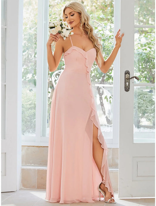 Simple Chiffon A-Line High Slit Sweetheart Spaghetti Strap Criss-Cross Back Floor-Length Prom Dresses