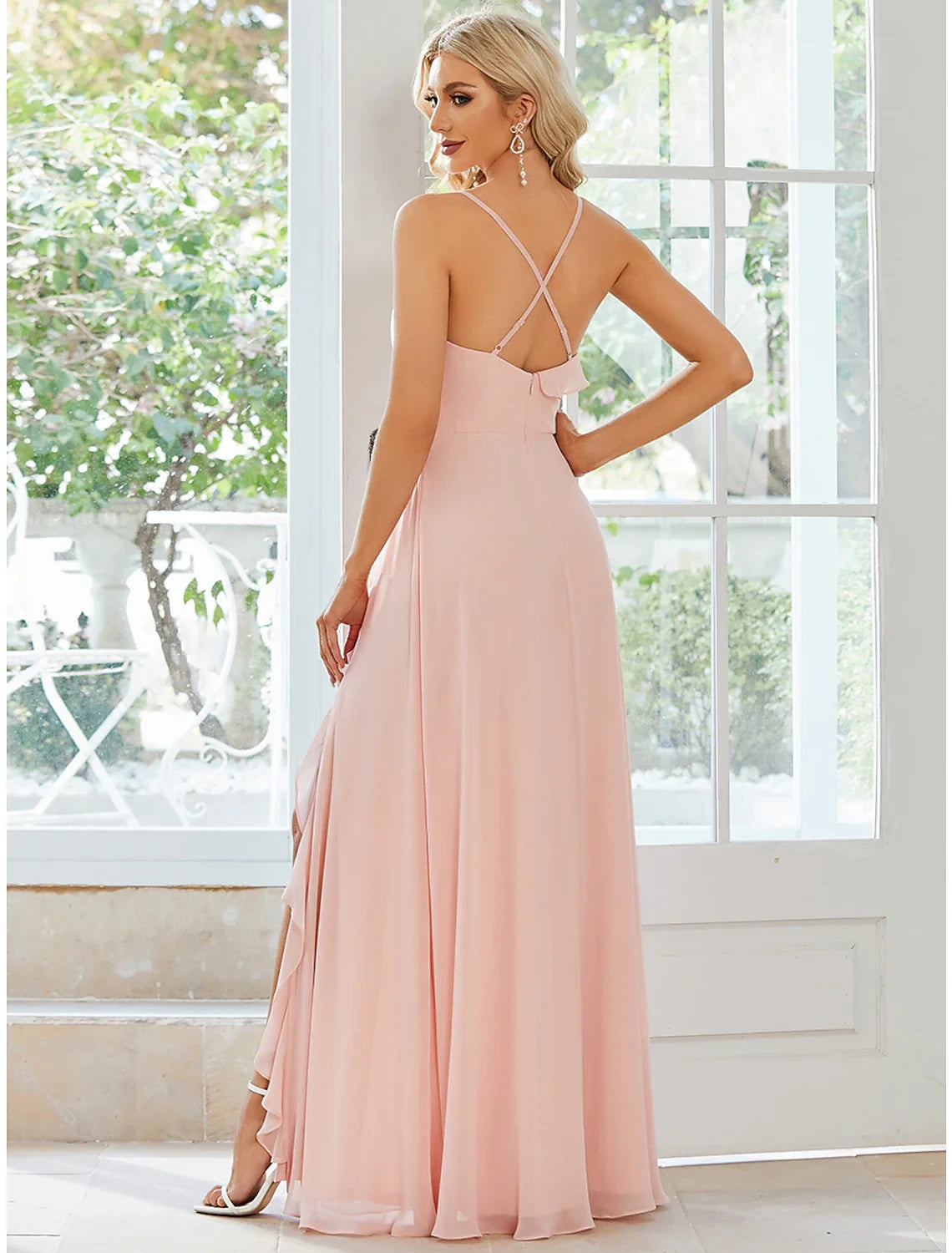 Simple Chiffon A-Line High Slit Sweetheart Spaghetti Strap Criss-Cross Back Floor-Length Prom Dresses