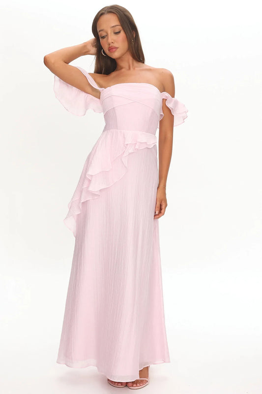 Simple Chiffon A-Line Ruffled Details Off-Shoulder Ruffled Short Sleeves Tie-Back Floor-Length Prom Dresses