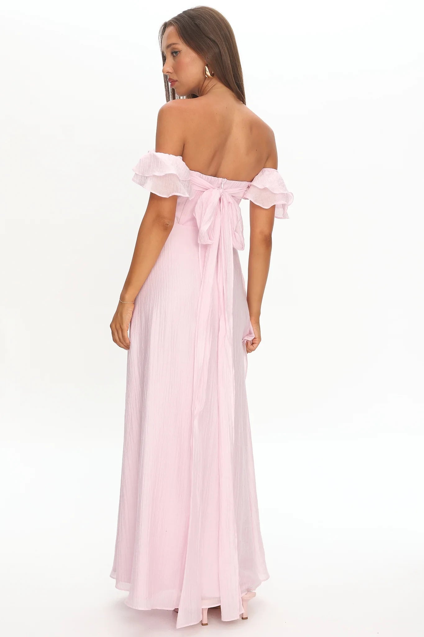 Simple Chiffon A-Line Ruffled Details Off-Shoulder Ruffled Short Sleeves Tie-Back Floor-Length Prom Dresses