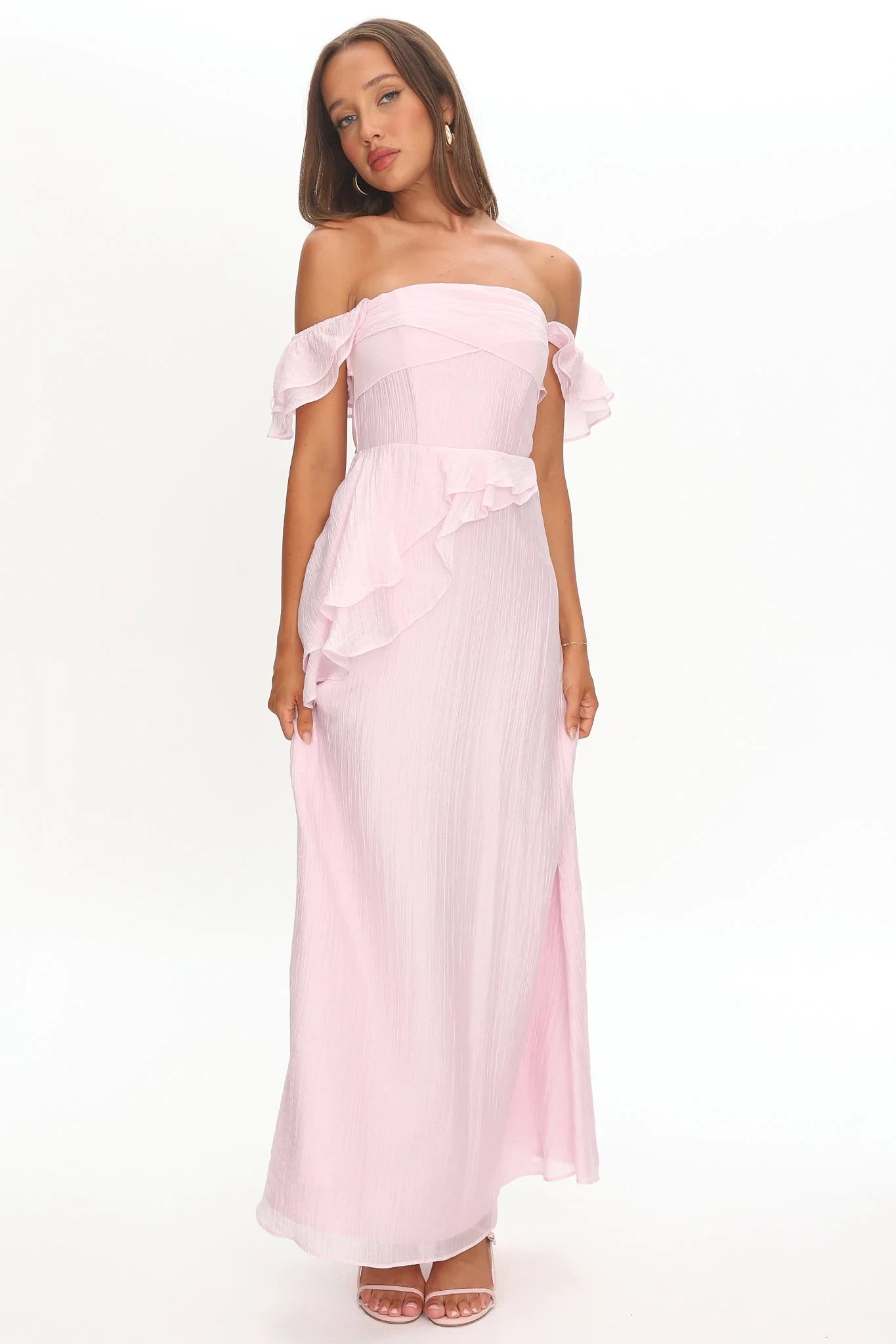 Simple Chiffon A-Line Ruffled Details Off-Shoulder Ruffled Short Sleeves Tie-Back Floor-Length Prom Dresses