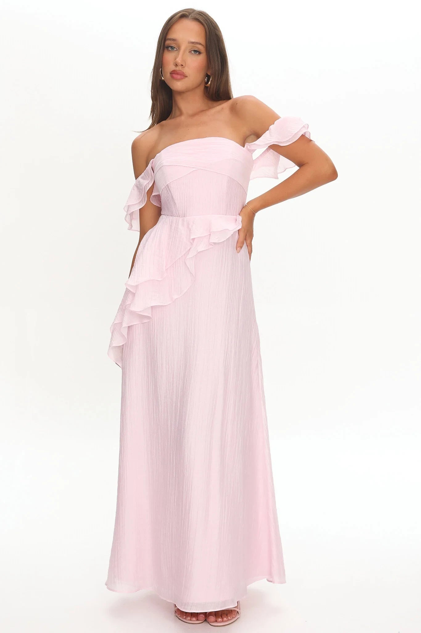 Simple Chiffon A-Line Ruffled Details Off-Shoulder Ruffled Short Sleeves Tie-Back Floor-Length Prom Dresses