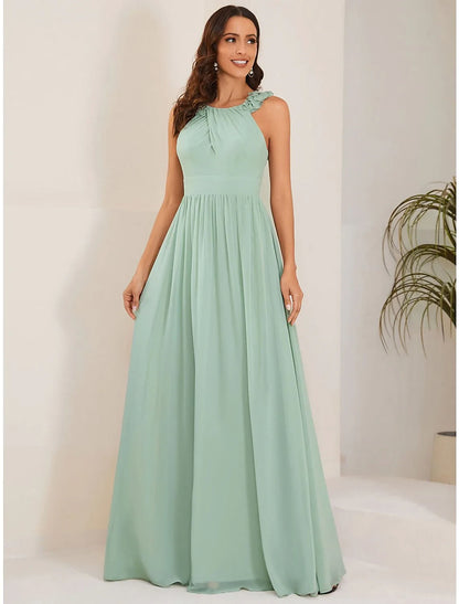 Simple Chiffon A-Line Ruffled Halter Sleeveless Low V-Back Floor-Length Prom Dresses