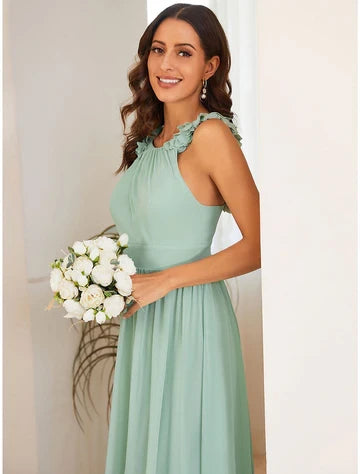 Simple Chiffon A-Line Ruffled Halter Sleeveless Low V-Back Floor-Length Prom Dresses