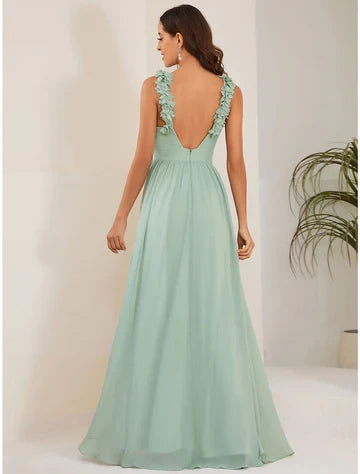 Simple Chiffon A-Line Ruffled Halter Sleeveless Low V-Back Floor-Length Prom Dresses