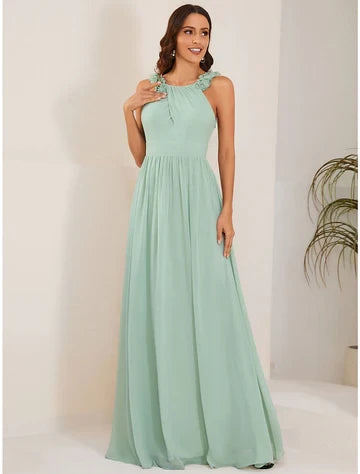 Simple Chiffon A-Line Ruffled Halter Sleeveless Low V-Back Floor-Length Prom Dresses