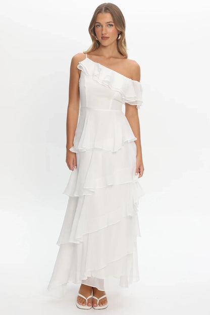 Simple Chiffon A-Line Ruffled One-Shoulder Zipper Back Maxi Prom Dresses