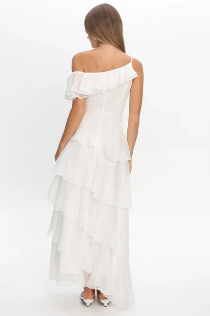 Simple Chiffon A-Line Ruffled One-Shoulder Zipper Back Maxi Prom Dresses