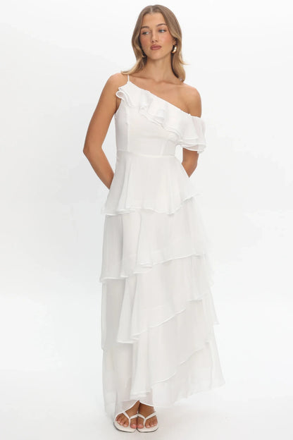 Simple Chiffon A-Line Ruffled One-Shoulder Zipper Back Maxi Prom Dresses