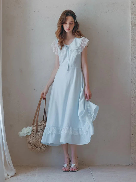 Simple Chiffon A-Line With Sleeves Lace Peter Pan Collar Midi Prom Dresses