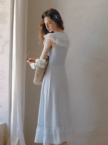 Simple Chiffon A-Line With Sleeves Lace Peter Pan Collar Midi Prom Dresses