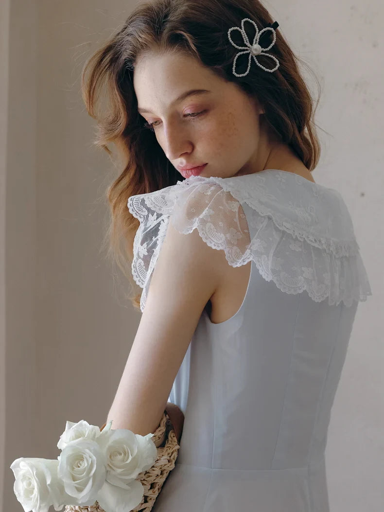Simple Chiffon A-Line With Sleeves Lace Peter Pan Collar Midi Prom Dresses