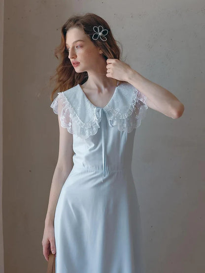 Simple Chiffon A-Line With Sleeves Lace Peter Pan Collar Midi Prom Dresses