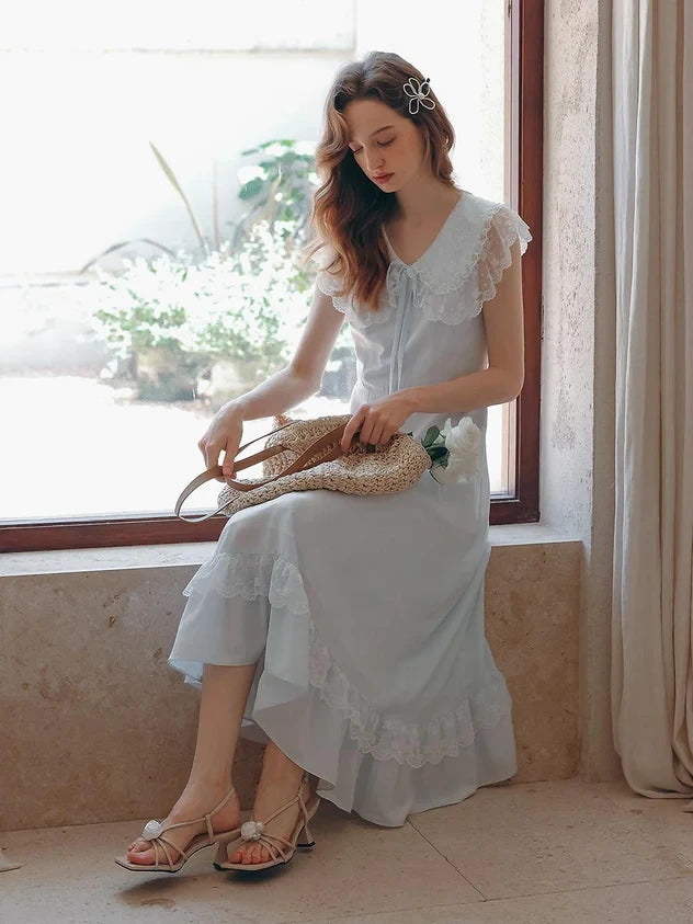 Simple Chiffon A-Line With Sleeves Lace Peter Pan Collar Midi Prom Dresses