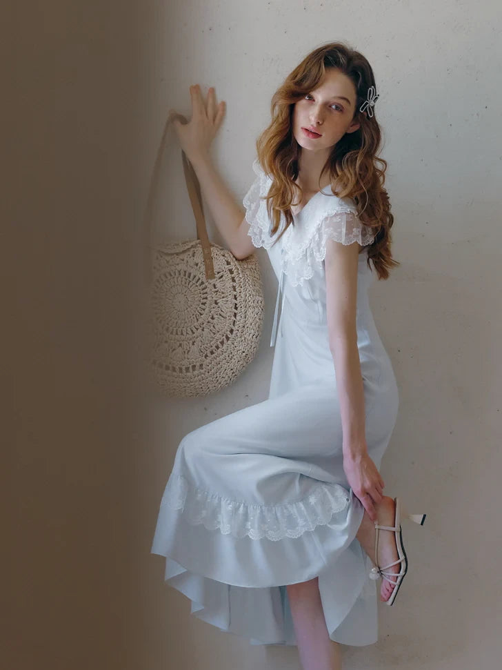 Simple Chiffon A-Line With Sleeves Lace Peter Pan Collar Midi Prom Dresses