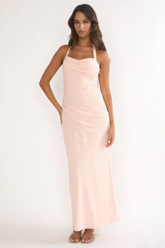 Simple Chiffon Sheath Cowl Halter Neck Sleeveless Open Back Floor-Length Prom Dresses