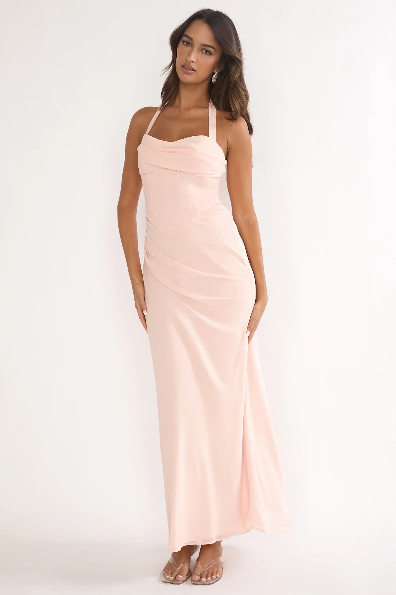 Simple Chiffon Sheath Cowl Halter Neck Sleeveless Open Back Floor-Length Prom Dresses