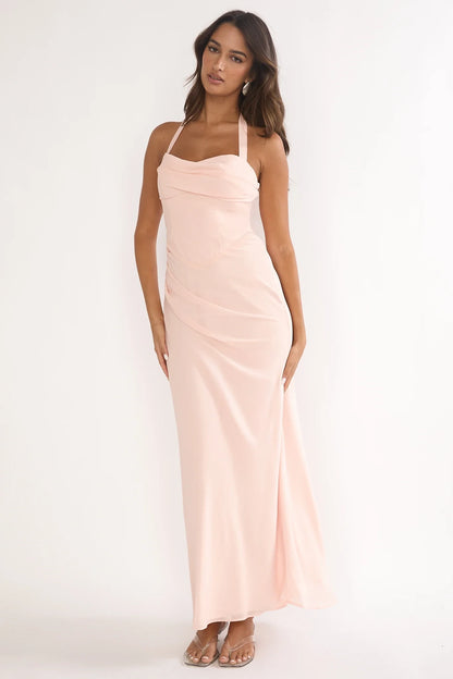 Simple Chiffon Sheath Cowl Halter Neck Sleeveless Open Back Floor-Length Prom Dresses