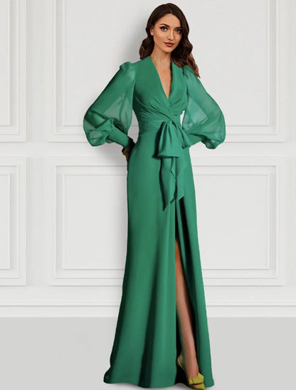 Simple Chiffon Sheath High Slit V-Neck Long Sleeves Button Back Floor-Length Prom Dresses