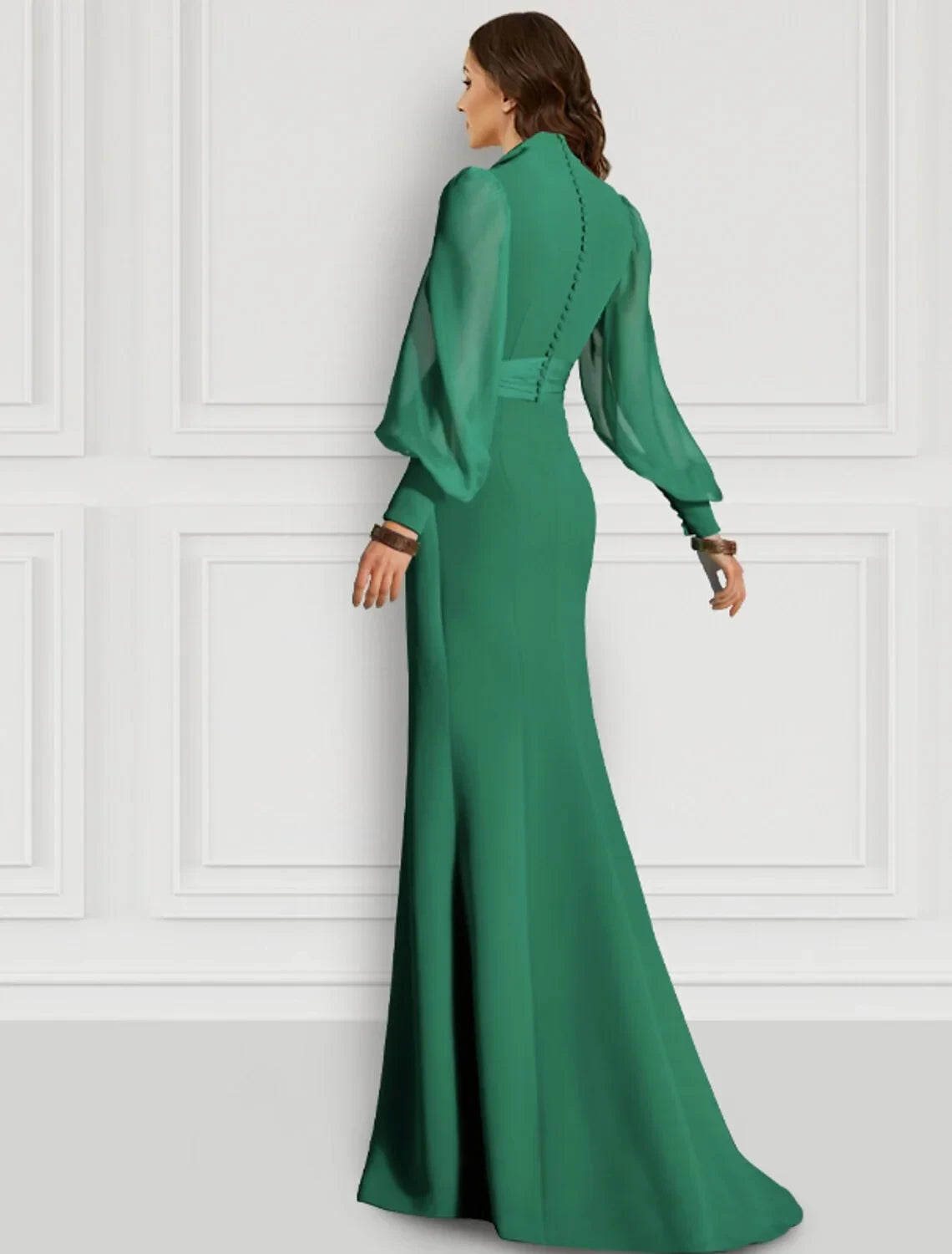 Simple Chiffon Sheath High Slit V-Neck Long Sleeves Button Back Floor-Length Prom Dresses