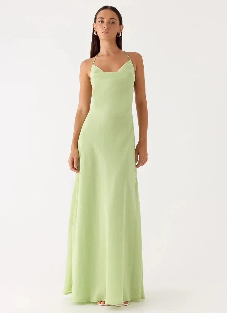 Simple Chiffon Sheath Open Back Halter Neck Sleeveless Maxi Prom Dresses