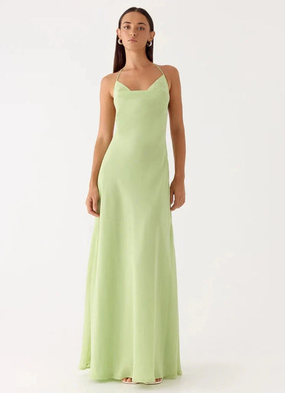Simple Chiffon Sheath Open Back Halter Neck Sleeveless Maxi Prom Dresses
