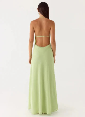 Simple Chiffon Sheath Open Back Halter Neck Sleeveless Maxi Prom Dresses