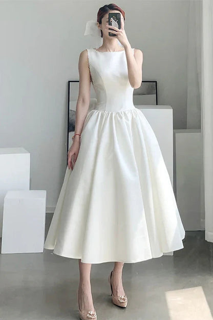 Simple Satin A-Line Boat Neck Sleeveless Low Back Bow Midi Prom Dresses