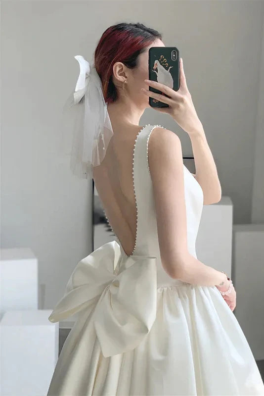 Simple Satin A-Line Boat Neck Sleeveless Low Back Bow Midi Prom Dresses