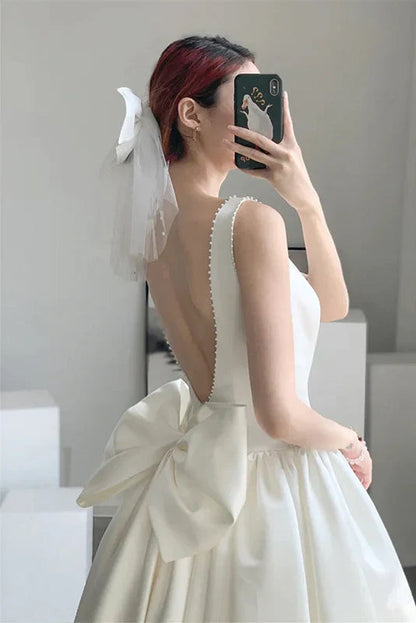 Simple Satin A-Line Boat Neck Sleeveless Low Back Bow Midi Prom Dresses