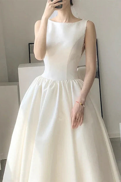 Simple Satin A-Line Boat Neck Sleeveless Low Back Bow Midi Prom Dresses
