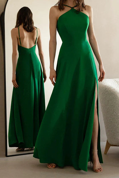 Simple Satin A-Line High Slit Halter Sleeveless Criss-Cross Back Floor-Length Prom Dresses