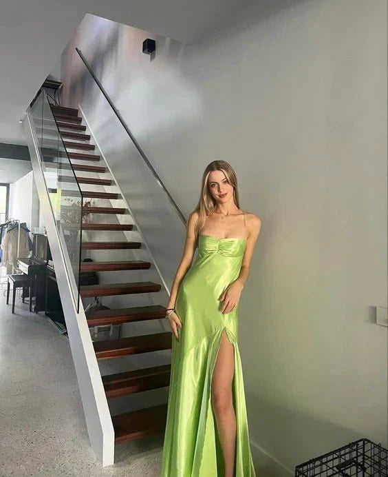 Simple Satin A-Line High Slit Strapless Spaghetti Strap Open Back Bow Floor-Length Prom Dresses