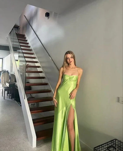 Simple Satin A-Line High Slit Strapless Spaghetti Strap Open Back Bow Floor-Length Prom Dresses