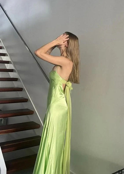 Simple Satin A-Line High Slit Strapless Spaghetti Strap Open Back Bow Floor-Length Prom Dresses