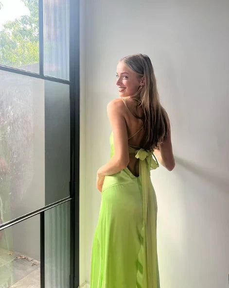 Simple Satin A-Line High Slit Strapless Spaghetti Strap Open Back Bow Floor-Length Prom Dresses