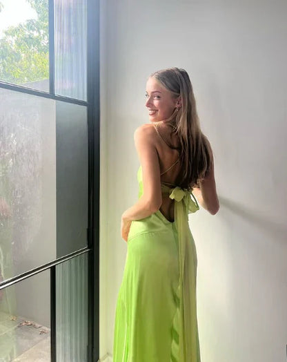 Simple Satin A-Line High Slit Strapless Spaghetti Strap Open Back Bow Floor-Length Prom Dresses