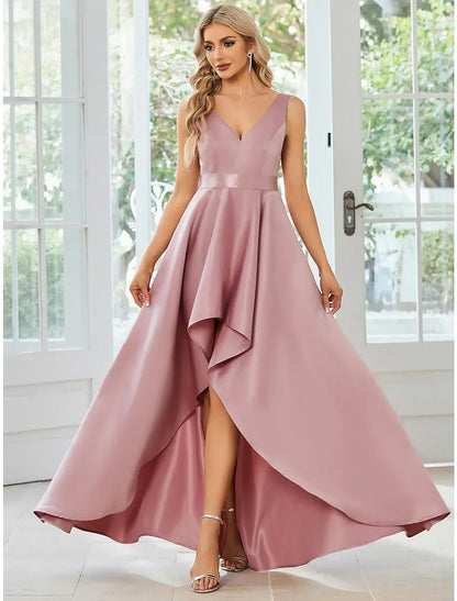 Simple Satin A-Line High Slit V-Neck Sleeveless Open Back Maxi Prom Dresses