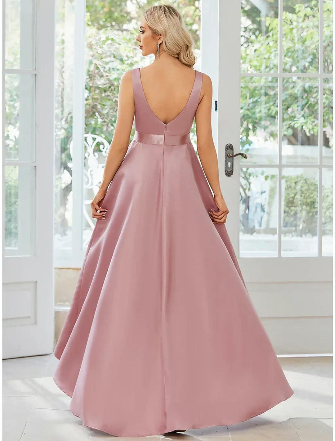 Simple Satin A-Line High Slit V-Neck Sleeveless Open Back Maxi Prom Dresses