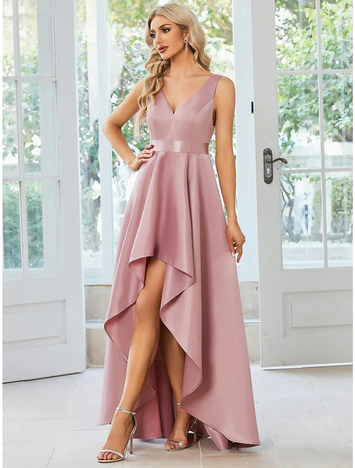 Simple Satin A-Line High Slit V-Neck Sleeveless Open Back Maxi Prom Dresses