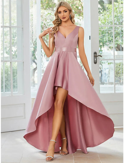 Simple Satin A-Line High Slit V-Neck Sleeveless Open Back Maxi Prom Dresses