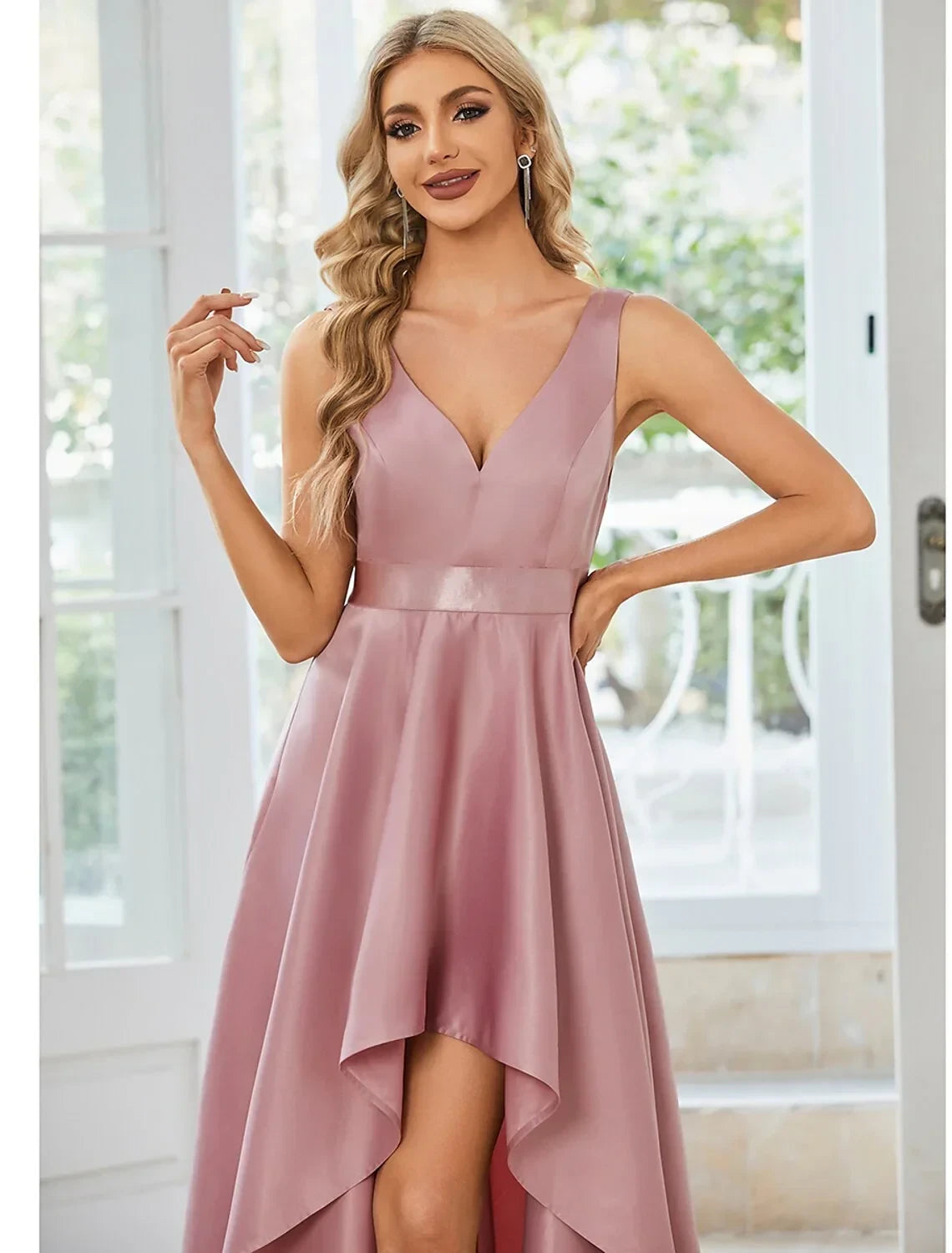 Simple Satin A-Line High Slit V-Neck Sleeveless Open Back Maxi Prom Dresses