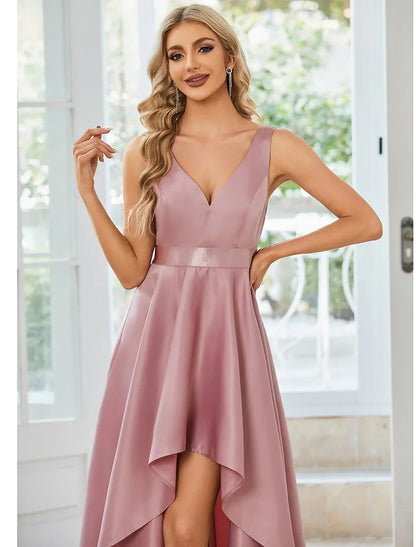 Simple Satin A-Line High Slit V-Neck Sleeveless Open Back Maxi Prom Dresses