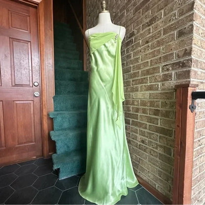 Simple Satin Chiffon Sheath Draped Sweetheart Spaghetti Strap Zipper Back Floor-Length Prom Dresses