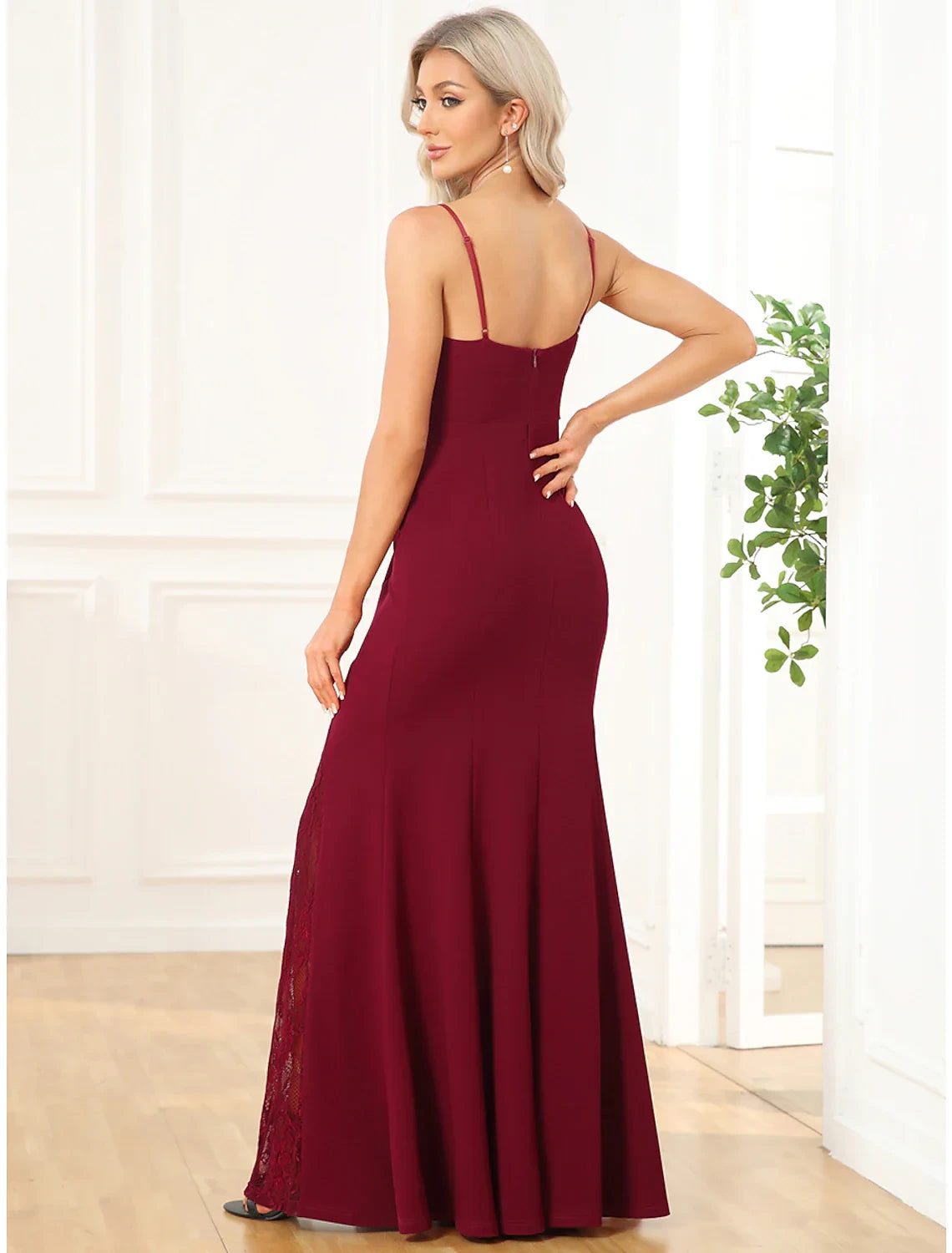 Simple Satin Lace Mermaid High Slit Sweetheart Spaghetti Strap Floor Length Prom Dresses
