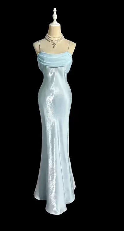 Simple Satin Mermaid Cowl Neck Spaghetti Straps Cowl Back Floor Length Prom Dresses